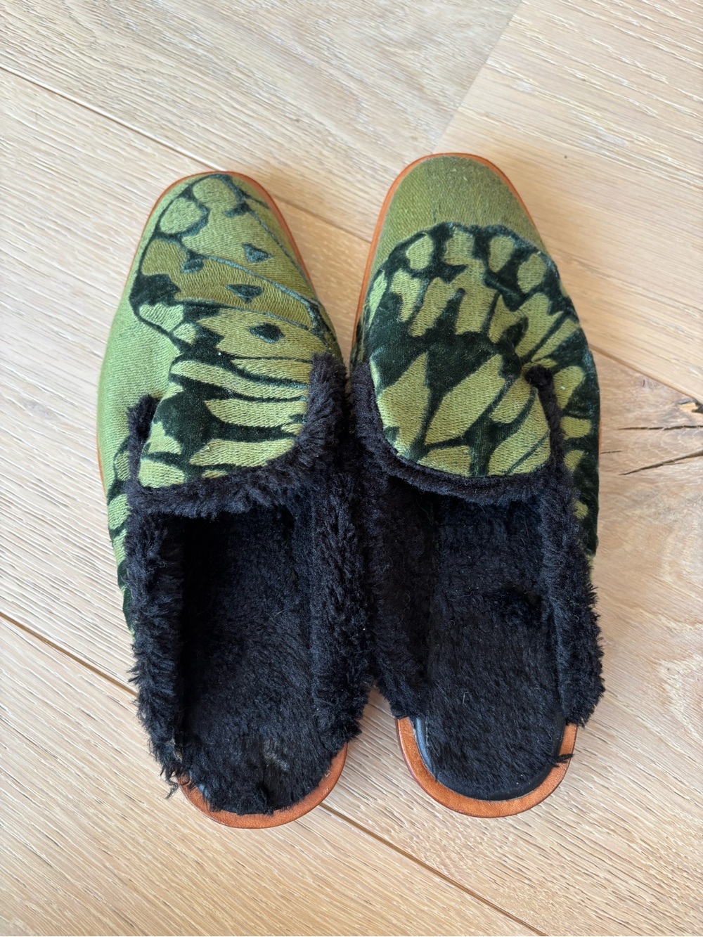 Free People Green Velvet Butterfly Slip-On Mules with Faux Fur. Made in India